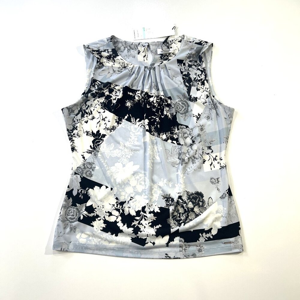 Calvin Klein Sleeveless Floral Pleat-Neck Top Womens Large